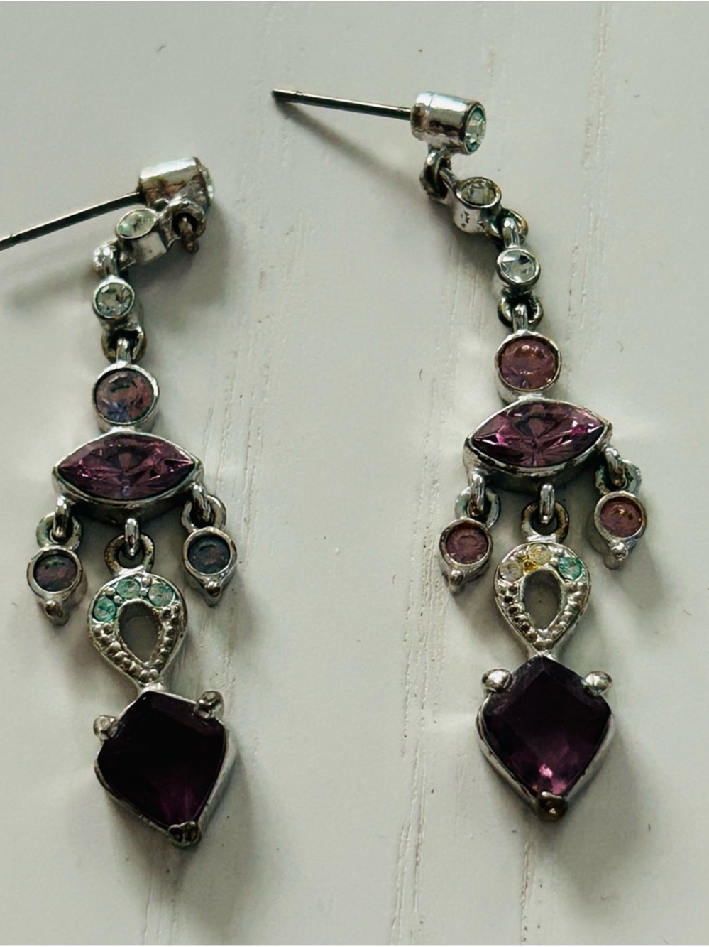 Silver Multi-Stone Drop Earrings - in Shades of Purple